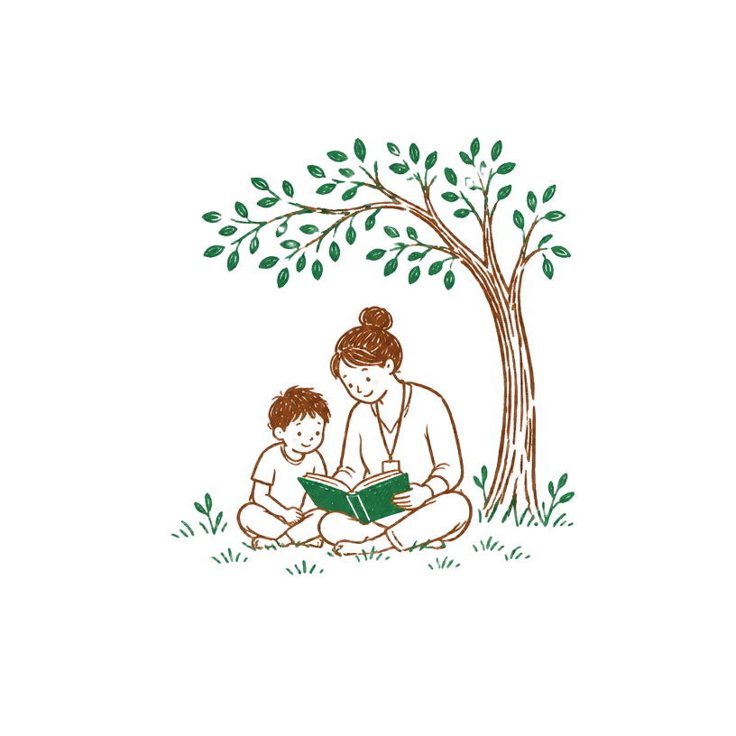 Teacher and child reading under a tree